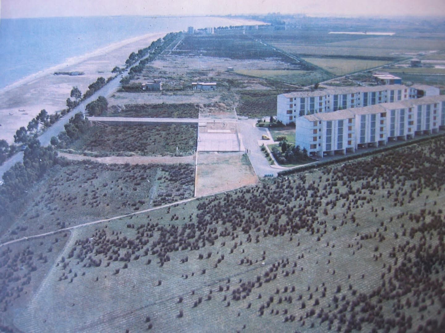 Vista aérea en color de La Panderola rodeada de huertos