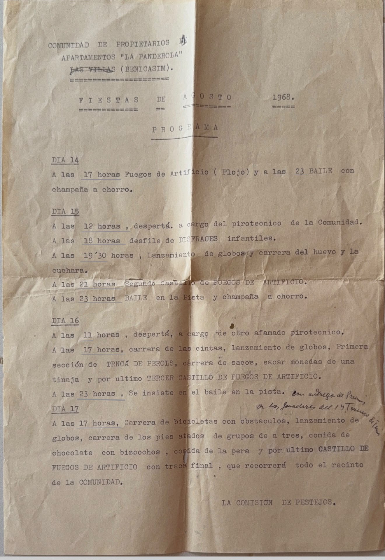 Programa mecanografiado de las fiestas de agosto de 1968 de la Comunidad de Propietarios